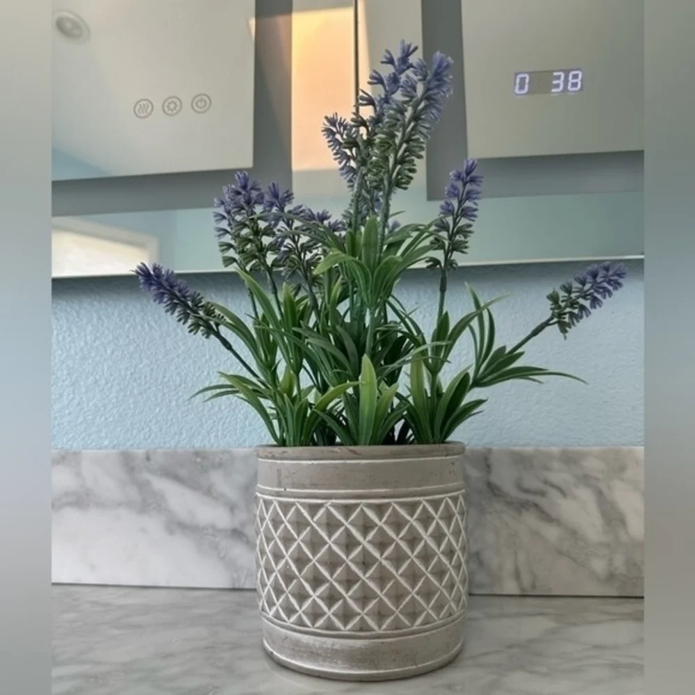 Artificial Lavender Plant White Cement Planter 12